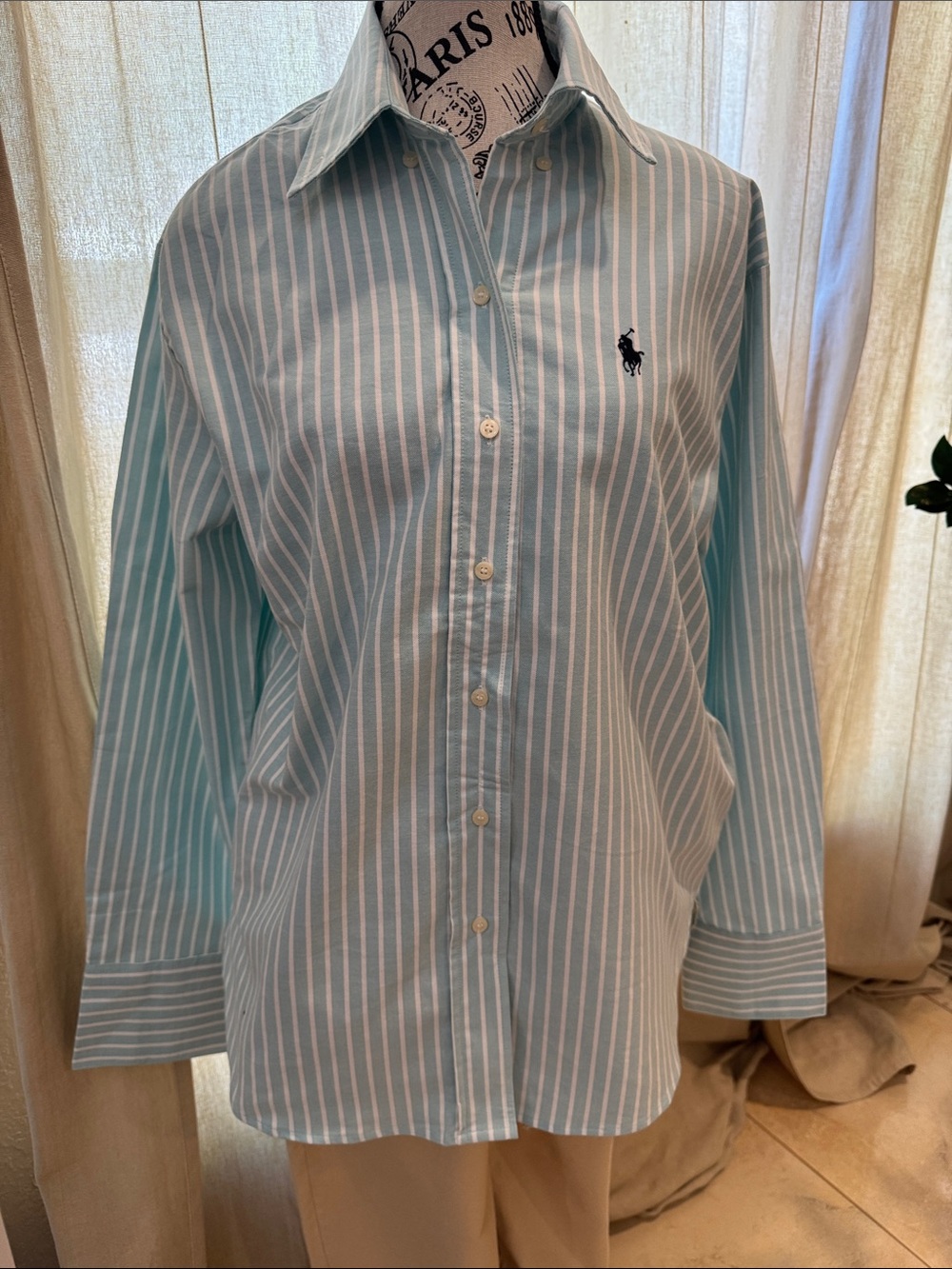 Ralph Lauren Men’s Mint Blue and White Stripe Button-Down Shirt factory defected